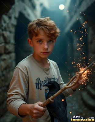 A young man holds a sparking wand near a black raven under cool moonlight