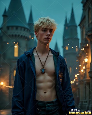 Standing half-turned outside a castle, a blond man wears a plain blue robe