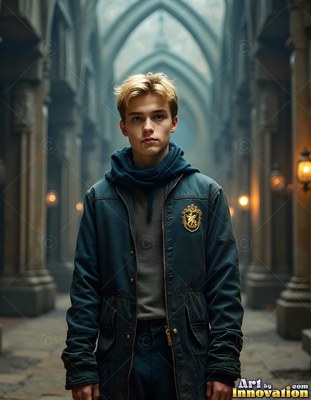 A young blond man poses standing in a dark stone hallway wearing a blue crest jacket