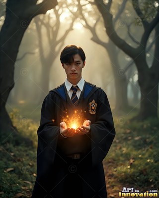 In a misty forest, a young man in dark robes holds golden light in his hands