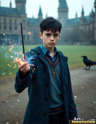 Holding a sparking wand, a young man in a blue coat stands near a black raven outside
