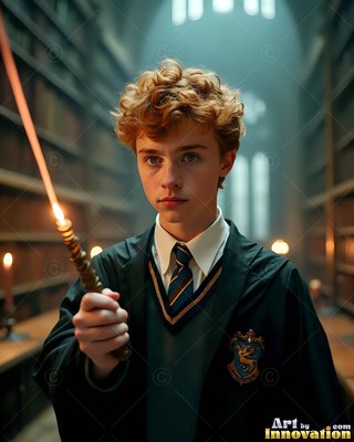 Young man in school robes holds a lighted wand in a library
