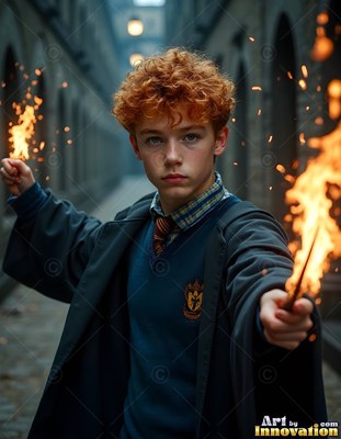Curly red hair tops a young man in dark robes holding a flaming wand in an alley
