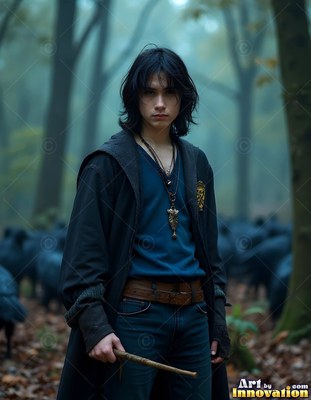 A young man has in his hands a wooden wand in a foggy forest with muted blue light