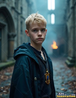 Turned slightly in a stone courtyard, a young blond man wears a dark blue cloak