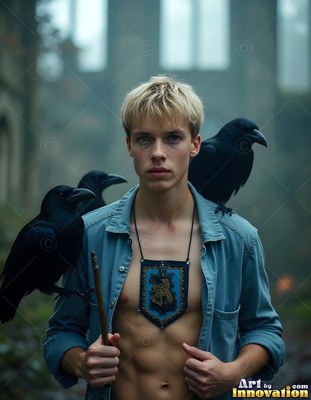 A blond young man in a plain blue uniform shirt stands with three black ravens
