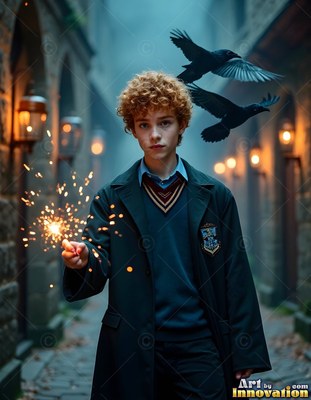 In an alley, a young man in dark robes holds a sparkler near two ravens