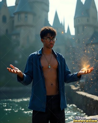 Holding out open hands with bright sparks, a young man stands by a castle moat