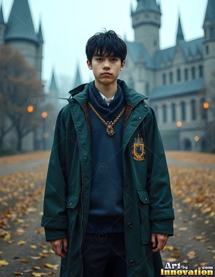 Young man in a green coat standing outside a castle