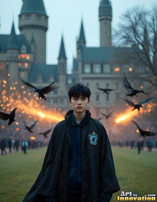 Black robes wrap around a young man standing outside a castle with flying ravens