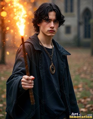 A young man in a black coat holds up a wand sparkling with bright orange fire