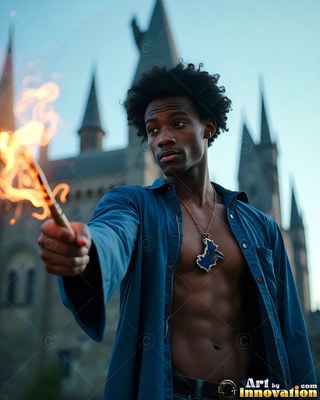 Standing outside a castle, a man in an open blue dress shirt holds a burning wand