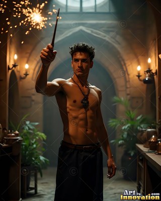 A shirtless man holds up a wand sparking bright light in a stone hall