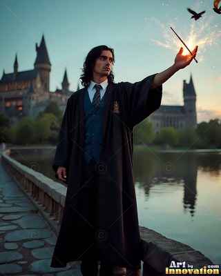 Beside a calm lake, a man in a black robe holds up a wand throwing bright sparks