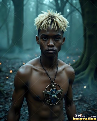 Standing in a misty wood, a shirtless man with blond hair wears a raven amulet