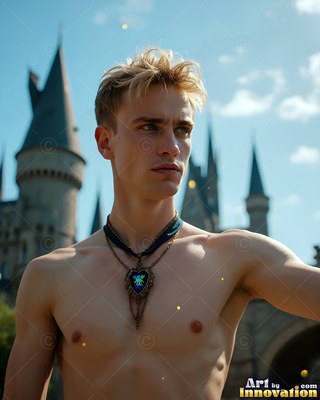 Shirtless blond man wearing a necklace near a castle under daylight