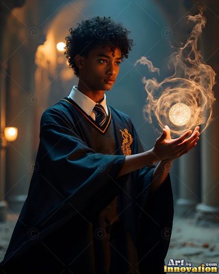 Wearing a black robe and striped tie, a young man conjures a ball of bright smoke in a stone hall