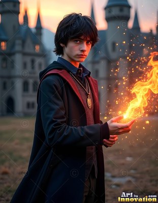 A young man casts flame from his cupped hands in warm evening light by a castle