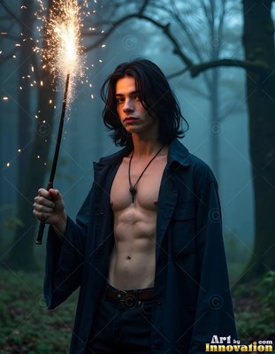 Facing forward in a foggy forest, a shirtless man holds a spark ler wand