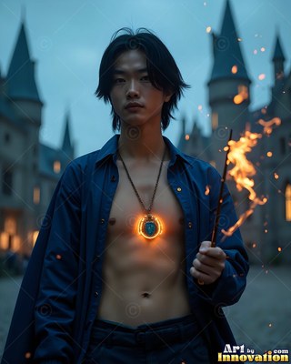 A young man in an open blue collared shirt holds a wand with sparks outside a castle
