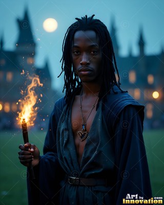 Outside a castle at night, a Black man holds a fiery wand under a full moon