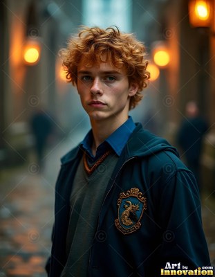 Standing in a dim alley, a young man with curly red hair wears a dark school uniform jacket