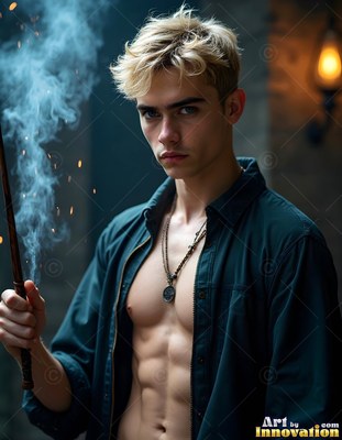 A blond man in an open shirt holds a smoking wand