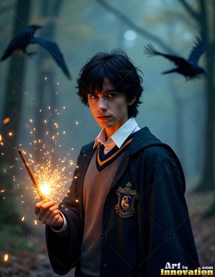 Wearing a black school robe, a young man clasps a sparkling wand in misty woods as ravens fly behind him