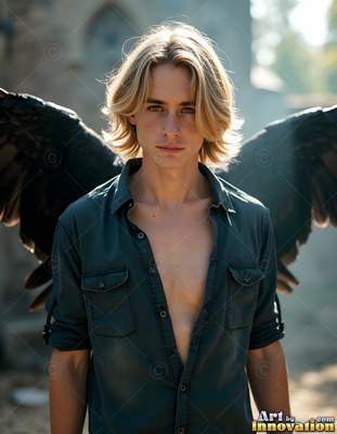 A blond young man stands with black feathered wings in soft daylight