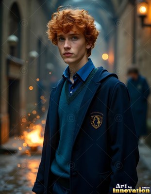 Standing three-quarters in a stone corridor, a red-haired young man wears a navy coat