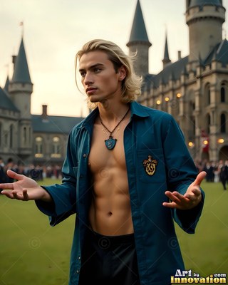 A blond man stands bare-chested under an open teal shirt outside a castle