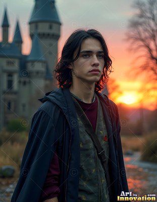 Outside a stone castle at sunset, a dark-haired young man stands in a black cloak