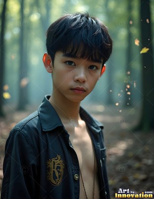 Standing in a misty forest, a young man wears an open black shirt on a path