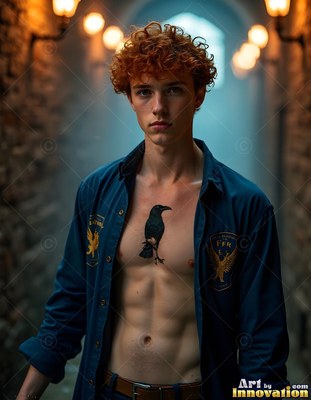 Young red-haired man with an open blue button-up shirt and a raven tattoo