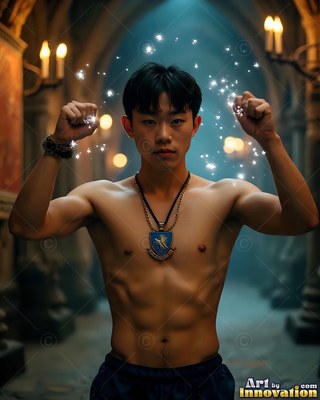 A blue crest pendant rests on a shirtless man holding up his fists in a stone hall with spark lights