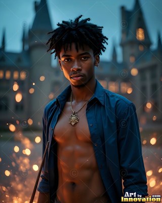 A young man stands outside a castle in an open blue shirt as warm sparks drift around him