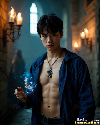 Standing in a stone hall, a shirtless man in a blue coat holds a wand with blue fire