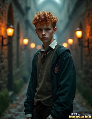 A young man with curly red hair stands in a dim castle hallway with wall lamps