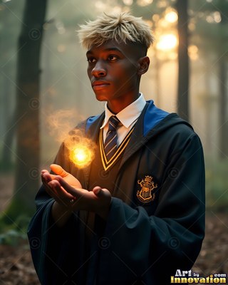 In a misty forest, a young man carries a small ball of fire above his hands