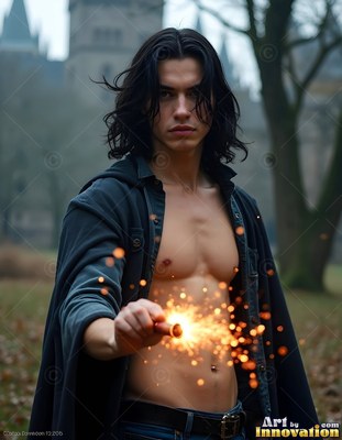 Holding a sparkling flare, a shirtless young man wears an open black coat outside a castle