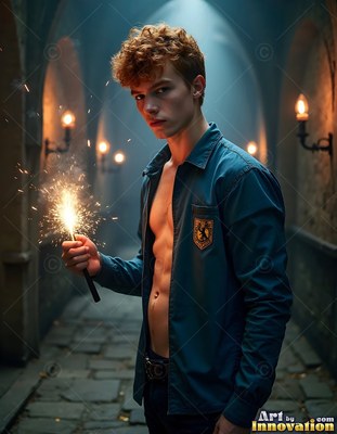 Young man in a clear blue button-up shirt holds a bright sparkler in a stone hall