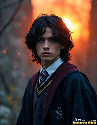 In a dark school robe and tie, a young man poses standing outdoors before a bright sunset light