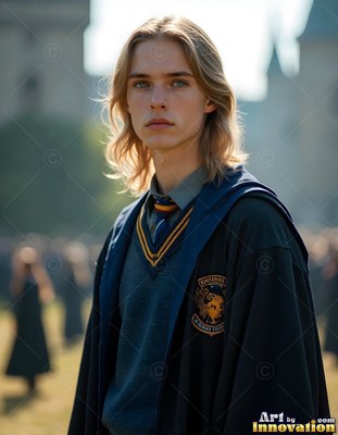 A young blond man stands in school robes outside in the bright daylight