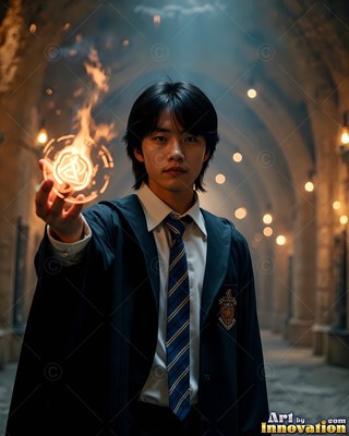 Facing forward in a stone hallway, a young man grips bright magic fire in his palm