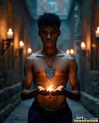 A shirtless young man carries bright sparks in his cupped hands in a stone hall