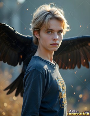 Outdoors, a blond young man stands with a large black raven behind him