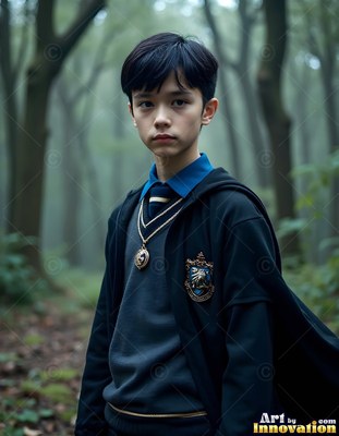 Standing in a misty forest, a young man wears a black school robe and blue dress shirt