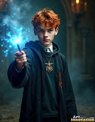 Young man in a black robe pointing a wand with blue sparks