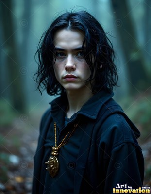 A gold pendant hangs on a dark-haired young man standing in a misty forest