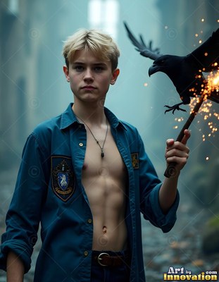 A young blond man holds a sparking wand beside a black raven in the misty blue air